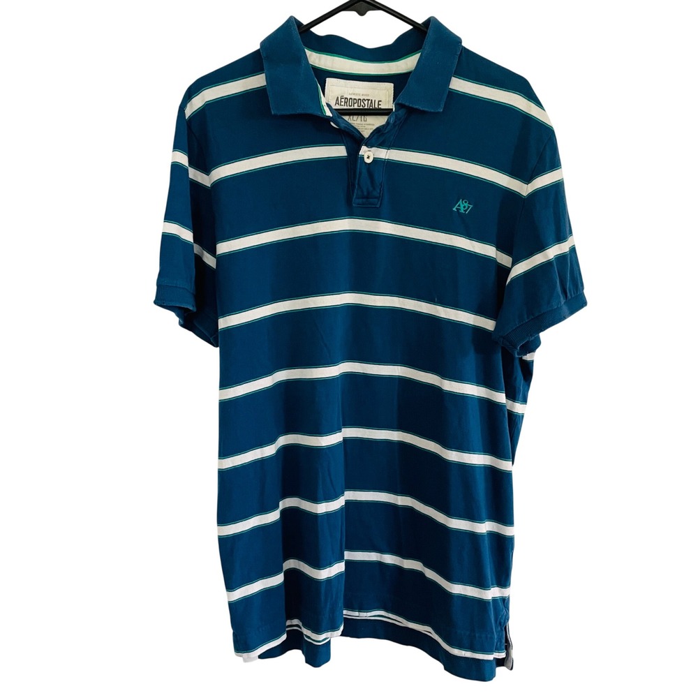 Vtg Y2K Aeropostale Polo Shirt Blue Striped A87 Logo Mens‎ XL Distressed Preppy